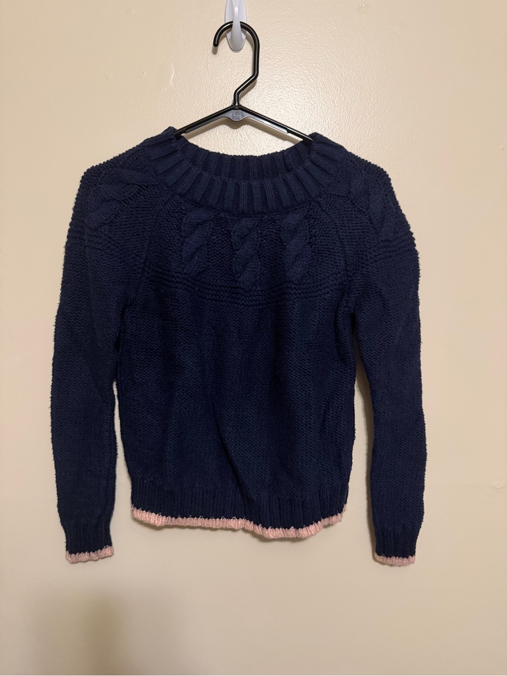 aerie Navy Cable Knit Crew Sweater with Pink Trim
